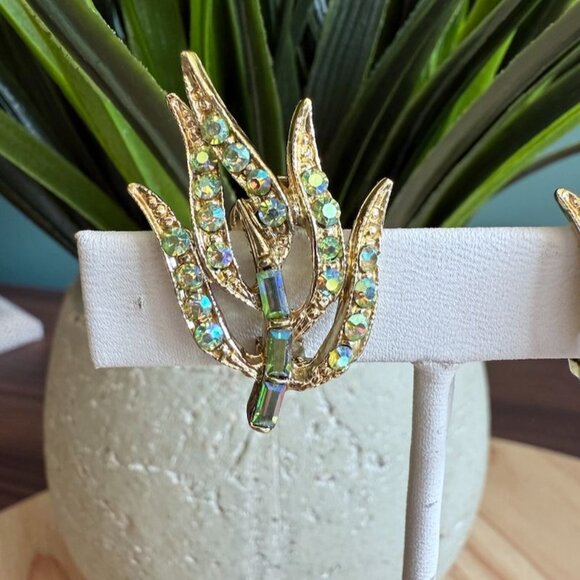 Vtg Doods Brooch & Earring Set Green Iridescent Rhinestones Gold Tone Statement - Picture 4 of 10